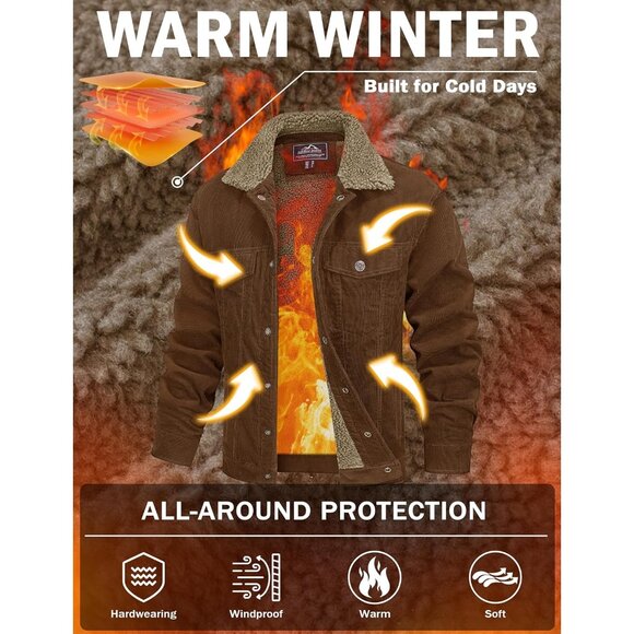 Mens Brown Corduroy Jacket Sherpa Lined Warm Winter Trucker Cargo Coat - Picture 2 of 7